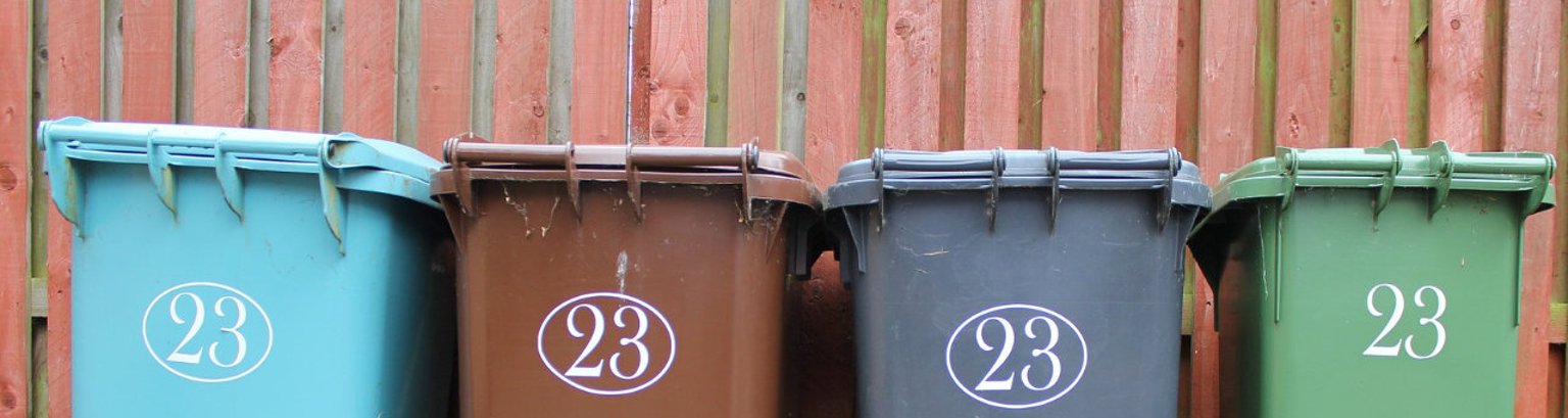 vier verschieden farbige Mülltonnen vor einem Zaun