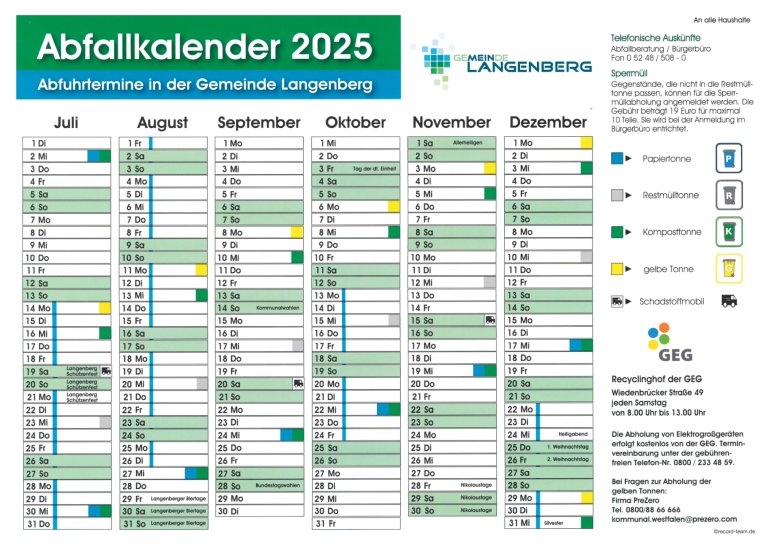 Abfallkalender 2025 2. Halbjahr