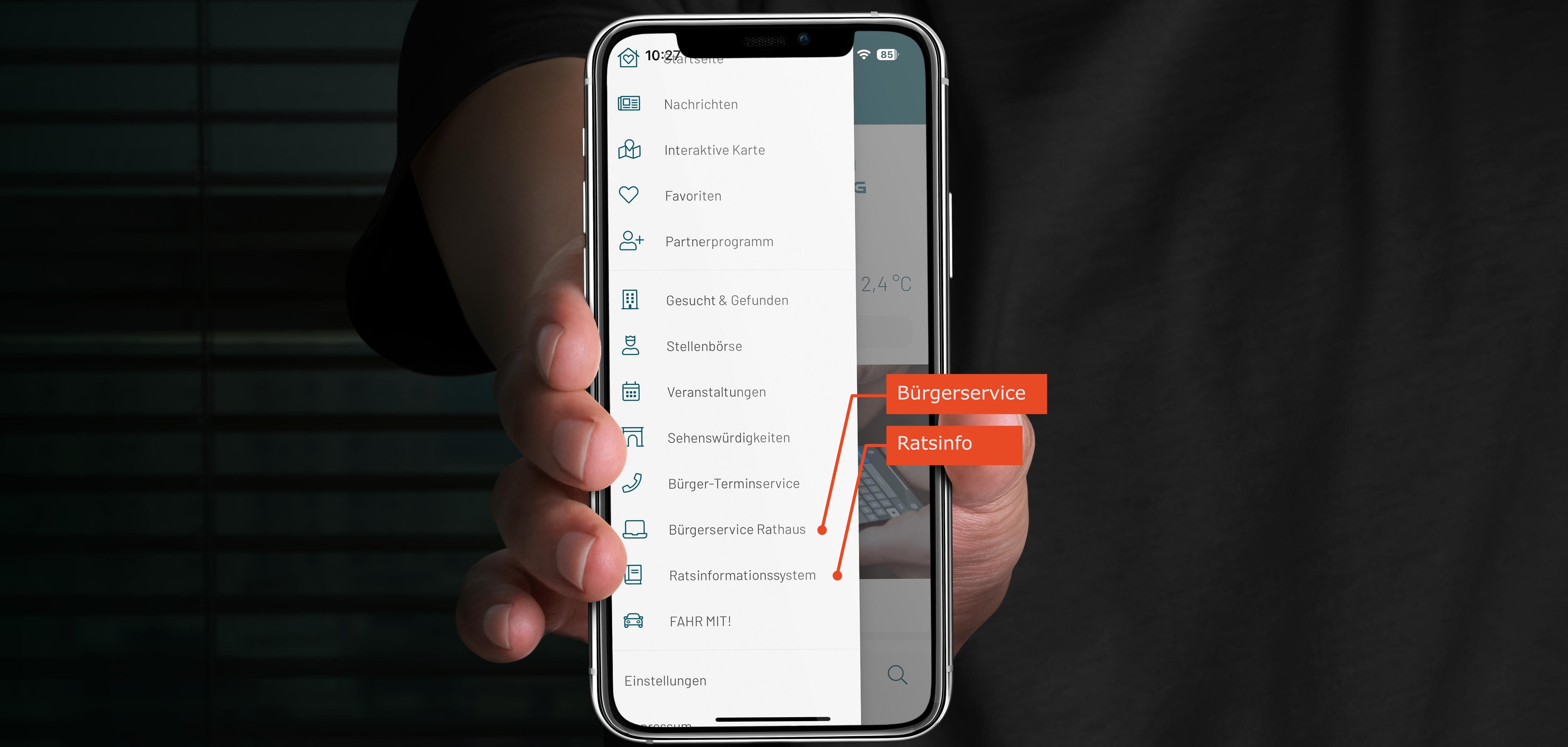Menü der Langenberg App mit den neuen Kacheln "Bürgerservice" und "Ratsinfo"