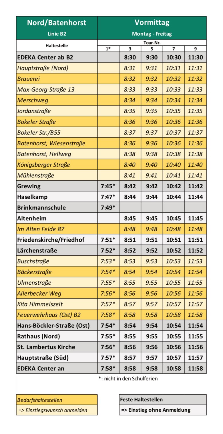 250716 Fahrplanheft Busplan Linie B2 Nord/Batenhorst (Vormittag)
