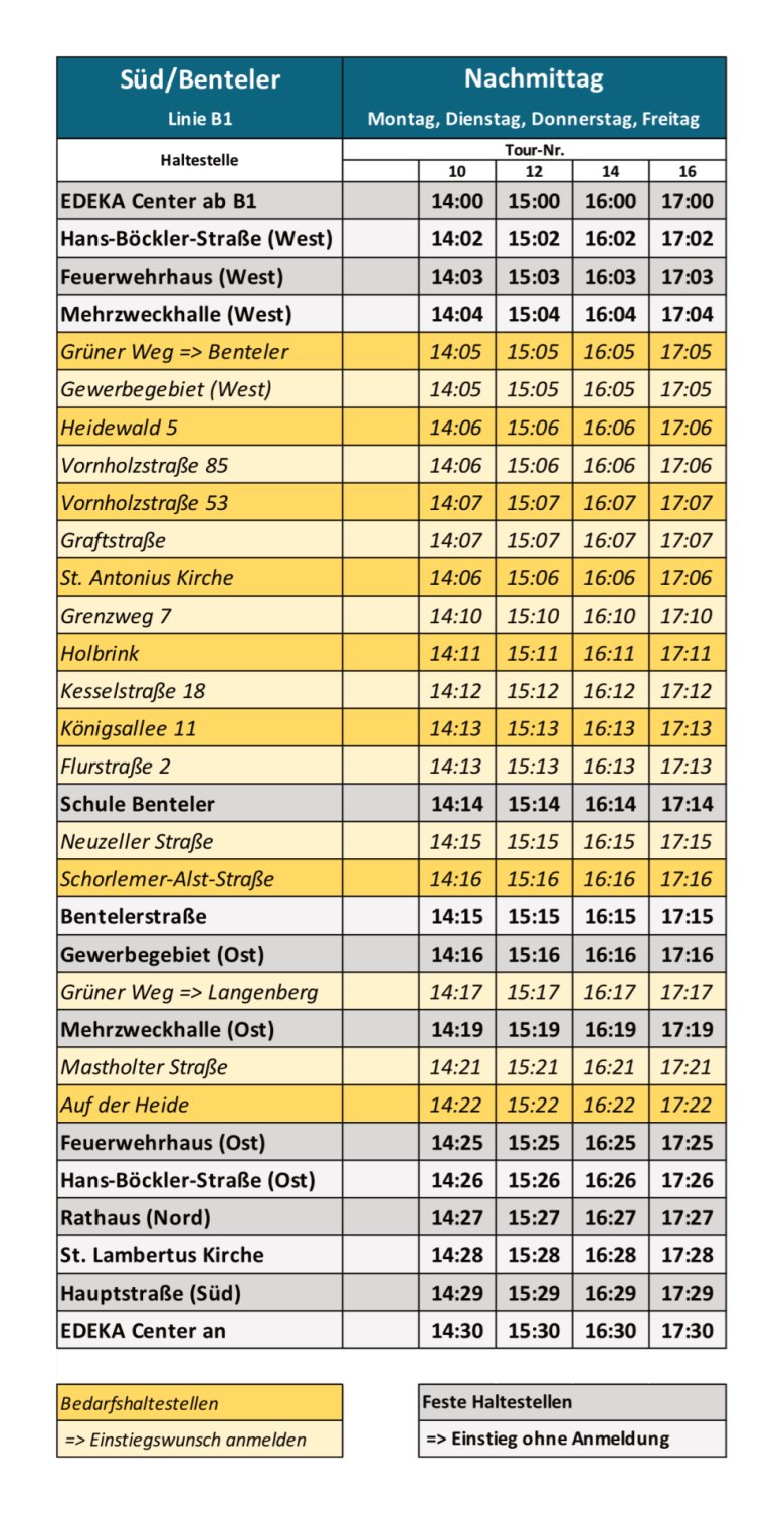 250716 Fahrplanheft B1 Süd / Benteler (Nachmittags)