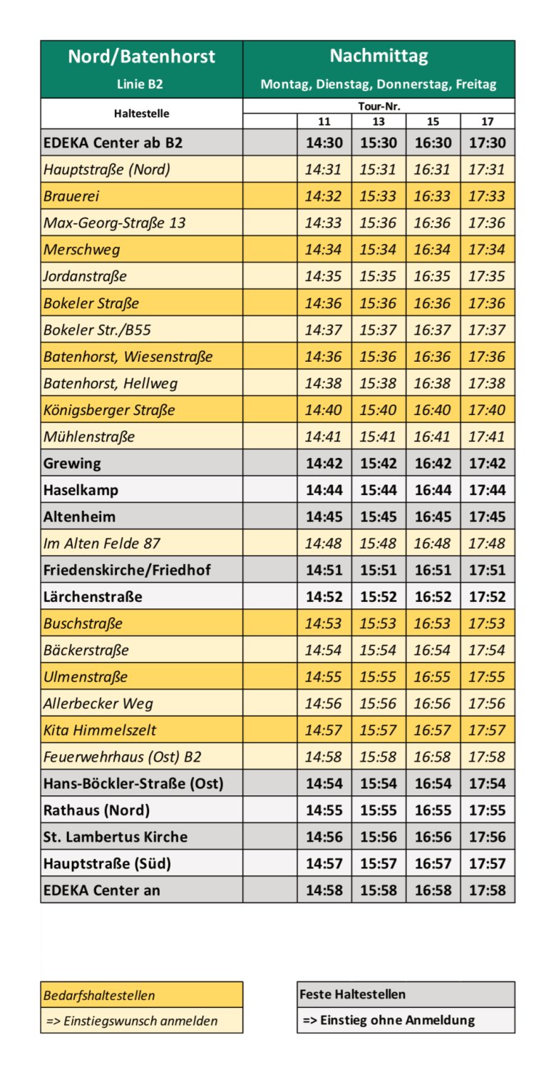 250716 Fahrplanheft Linie B2 Nord / Batenhorst (Nachmittag)